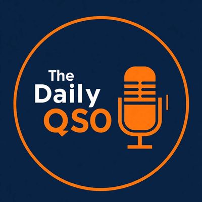 Logo for The Daily QSO podcast with a microphone icon inside an orange circle.