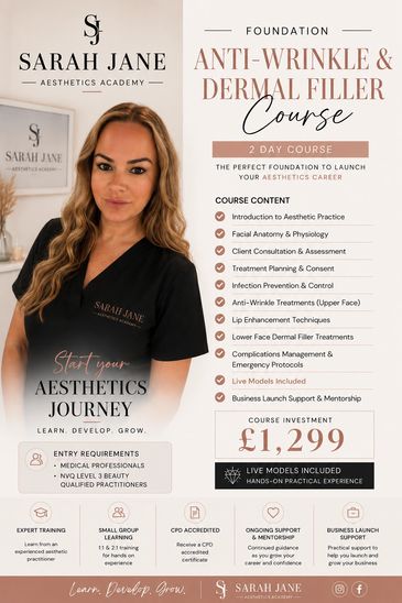 Sarah Jane Aesthetics Academy offers a 2-day Anti-Wrinkle &amp; Dermal Filler course.