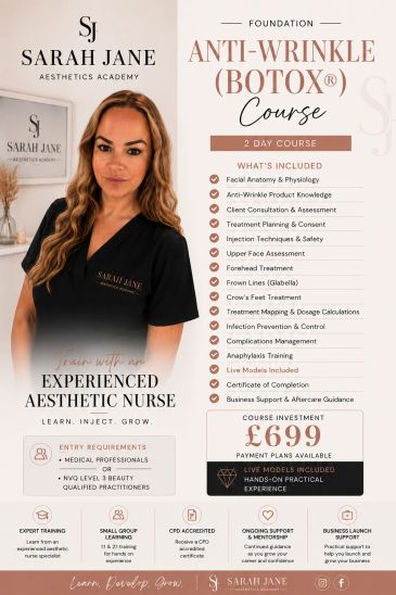 Advertisement for Sarah Jane Aesthetics Academy's Anti-Wrinkle Botox® Course.
