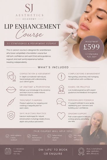 Flyer for SJ Aesthetics Academy's Lip Enhancement Course with course details and investment price.