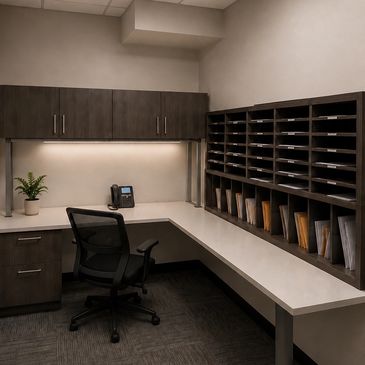 Organized office workspace with mail slots and desk.
