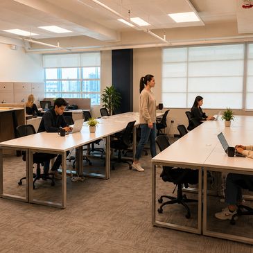 Modern office space with people working and interacting.