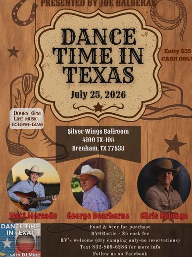 Texas dance event on July 25, 2026, featuring live music and cowboy-themed performers.