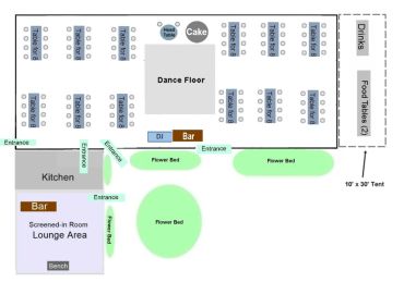 Event layout with dance floor, bars, tables, and lounge area.