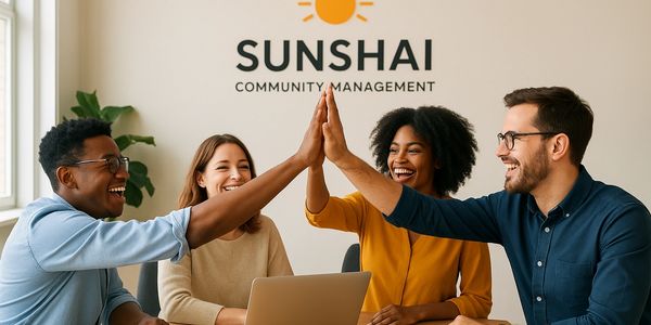 Four diverse colleagues happily high-five around a laptop in an office.