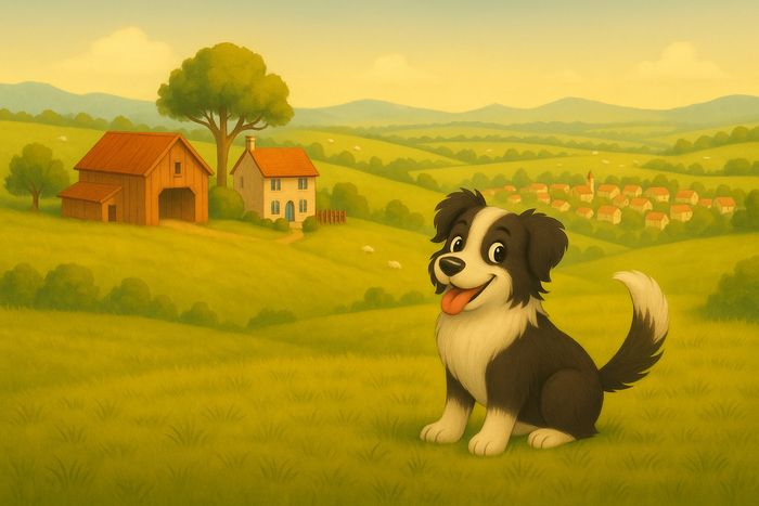 Molly the black and white sheepdog on a grassy hill with a cosy farmhouse, barn and village behind.