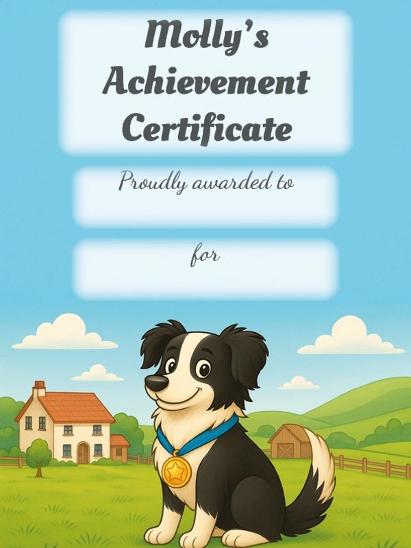Molly the sheepdog wearing a medal sitting proudly on grass as part of an Achievement Certificate.