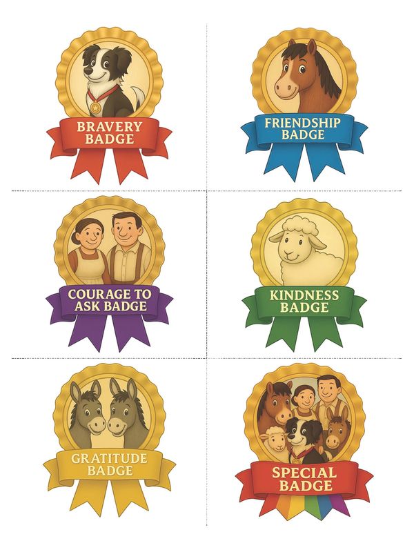 Six colourful badges showing Molly, Prince, the Buntings, sheep, donkeys & all the friends together.