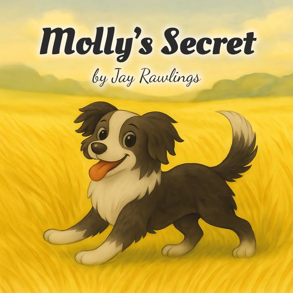Front cover of the book Molly’s Secret showing Molly the sheepdog smiling in a golden field.