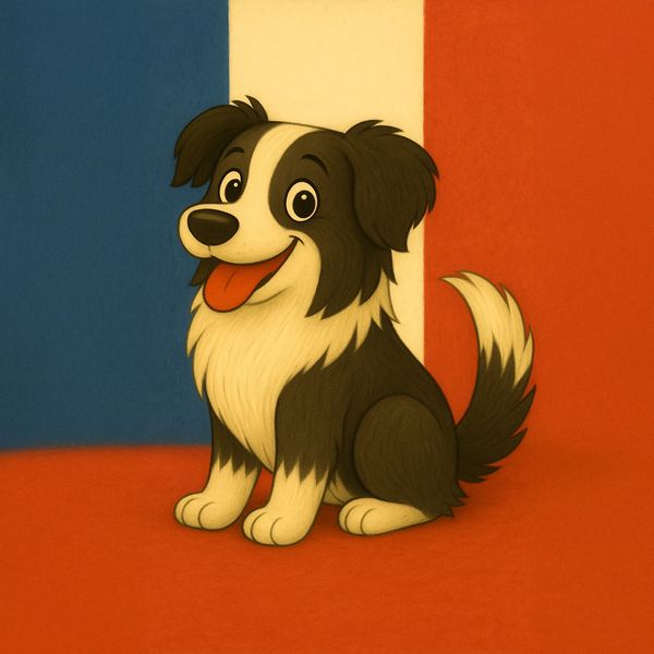 Molly the black and white sheepdog happily sitting in front of a drawn flag of France.