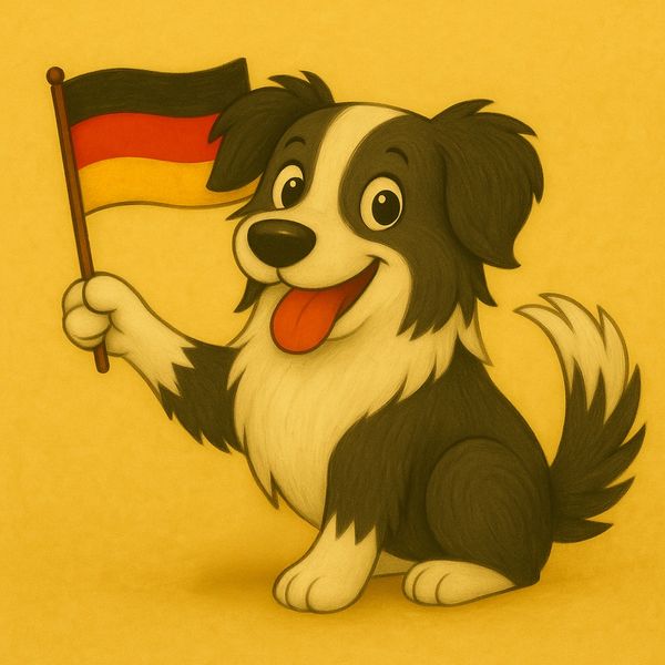 Molly the black & white sheepdog happily waving the flag of Germany