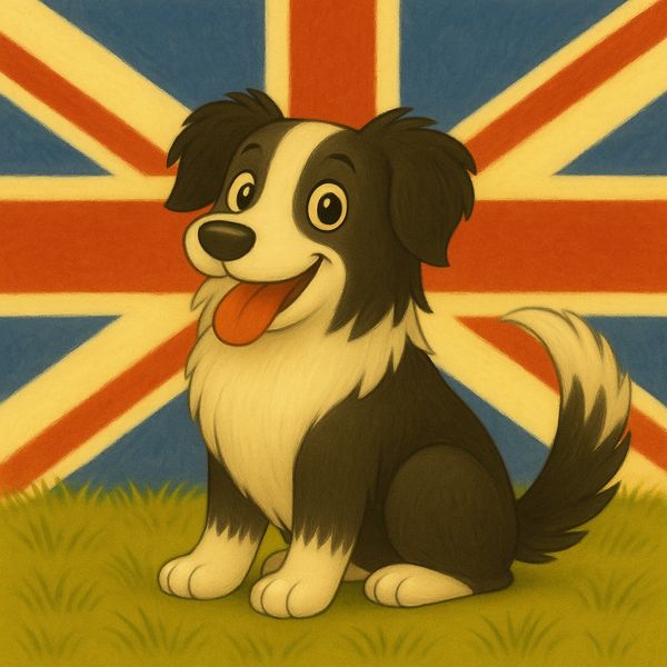 Molly the black and white sheepdog sitting happy in front of the flag of the United Kingdom.