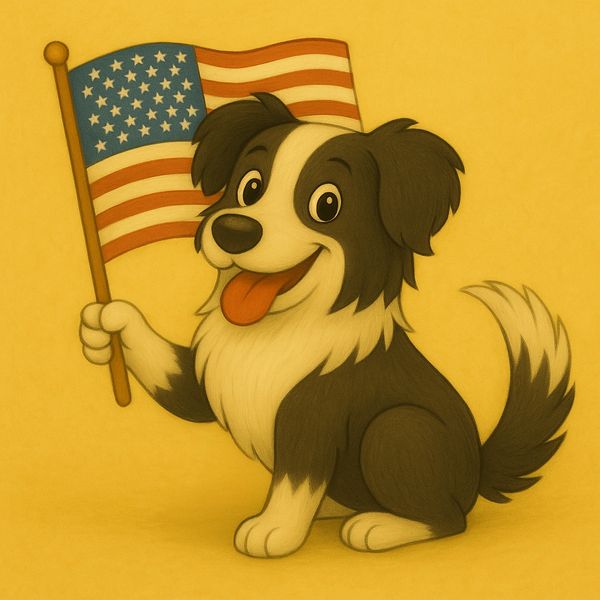 Molly the black & white sheepdog happily waving the flag of the United States of America.