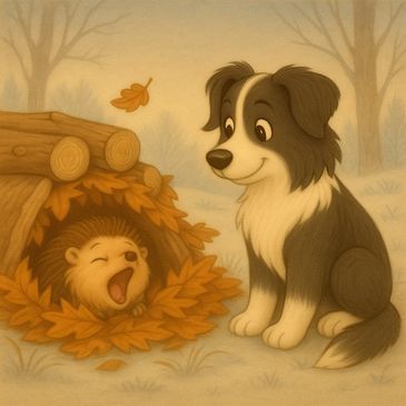 Molly sits beside a leaf nest while a hedgehog yawns from inside its cosy shelter on a frosty day