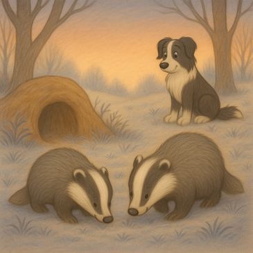 Molly watches from a distance at dusk as two badgers forage near their sett on a frosty evening.