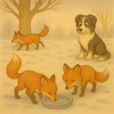 Molly watches from a distance as foxes explore a frosty garden, with two foxes drinking from a froze