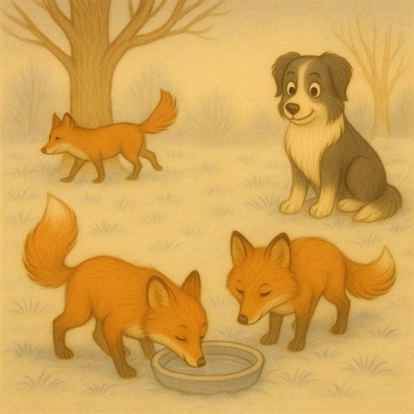 Molly watches from a distance as foxes explore a frosty garden, with two foxes drinking from a froze