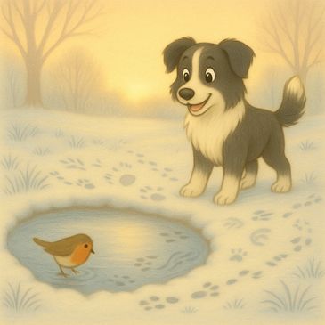 A frosty pond at dawn with tiny bird and animal footprints around the edge, Molly watching quietly f