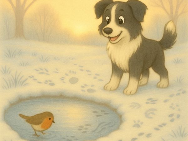 A frosty pond at dawn with tiny bird and animal footprints around the edge, Molly watching quietly f