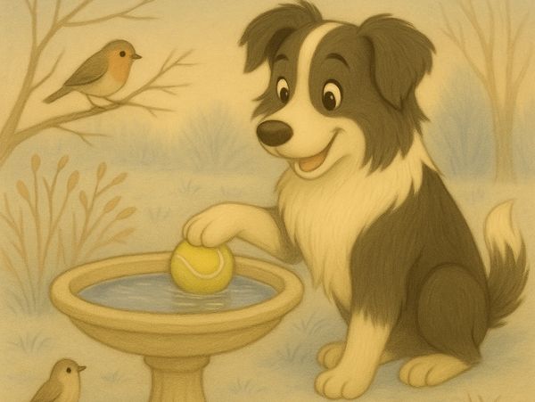 A winter water bowl with a floating tennis ball to prevent freezing, Molly watching as birds perch.