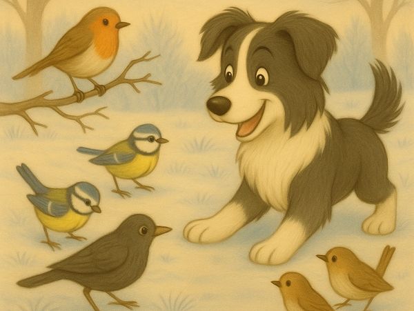 Molly is in a frosty garden, with robins, blue tits, wrens and a blackbird fluttering around.