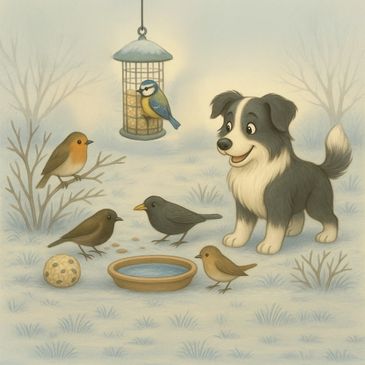 Molly watches birds gather around a feeder and a dish of fresh water in a frosty garden.