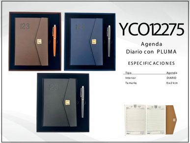 Agenda Diaria
Modelo YC012275
Tamaño 15 x 21 cm
Con pluma
Caja de regalo.