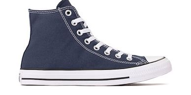 A single dark blue high-top sneaker with white laces and sole.