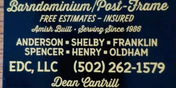 Sign advertising Amish-built barndominiums with free estimates and insurance.
