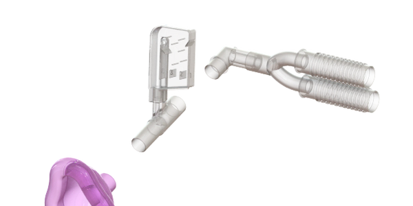 Exploded view of the Breathe Down Buddy in an anesthesia circuit