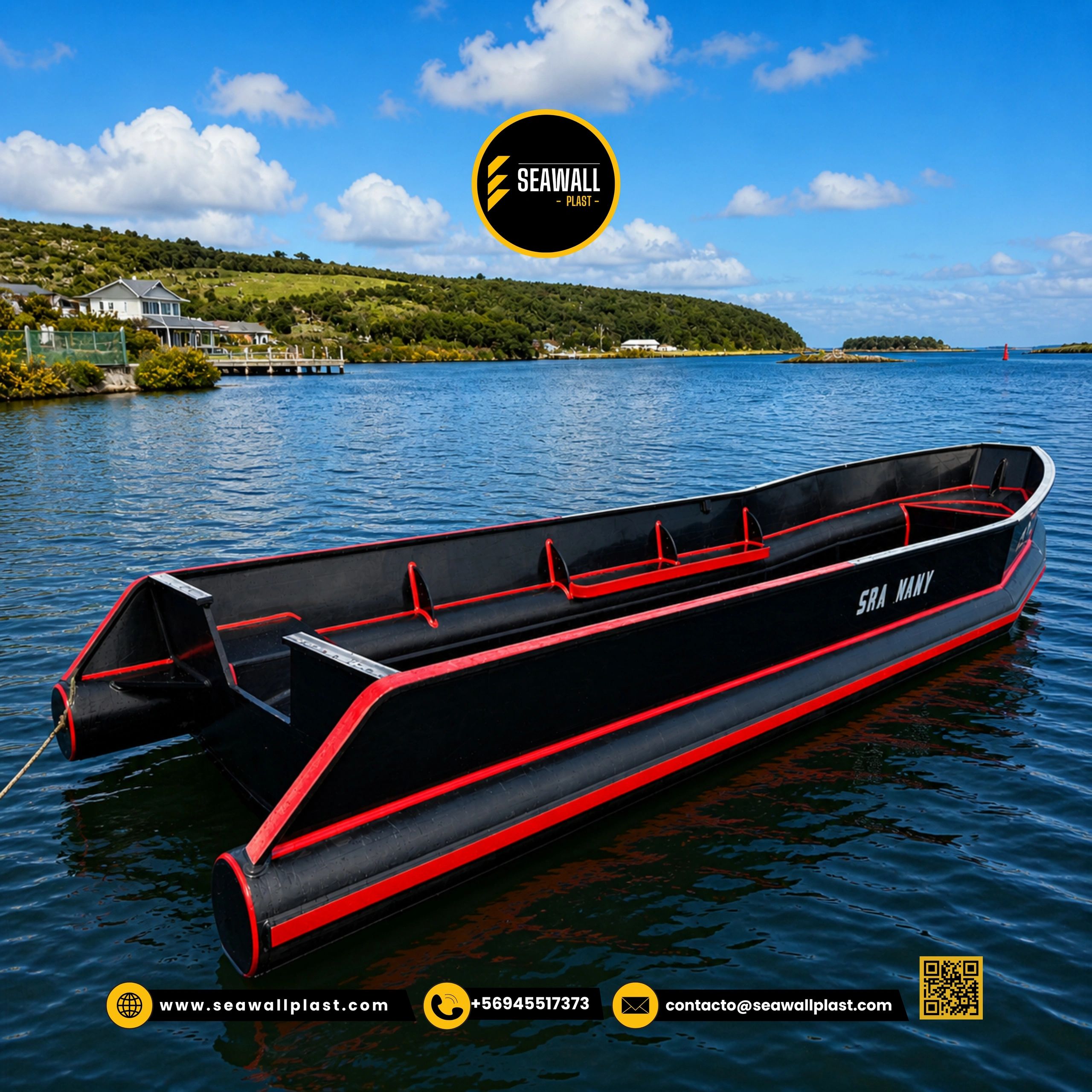 Embarcación HDPE Modelo 5.3m - Borda negra con líneas de color