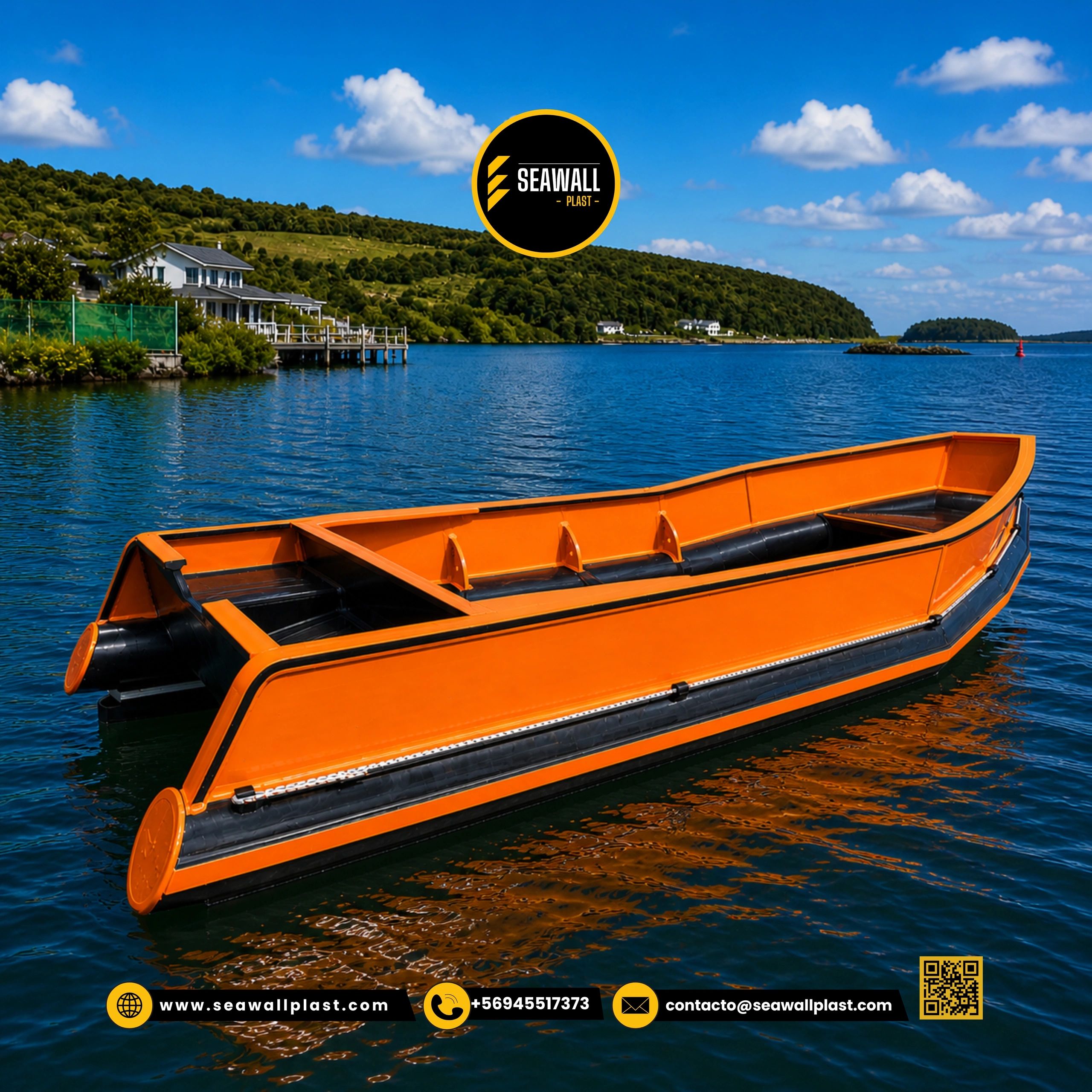 Embarcación HDPE Modelo 7m - borda naranja con línea negra
