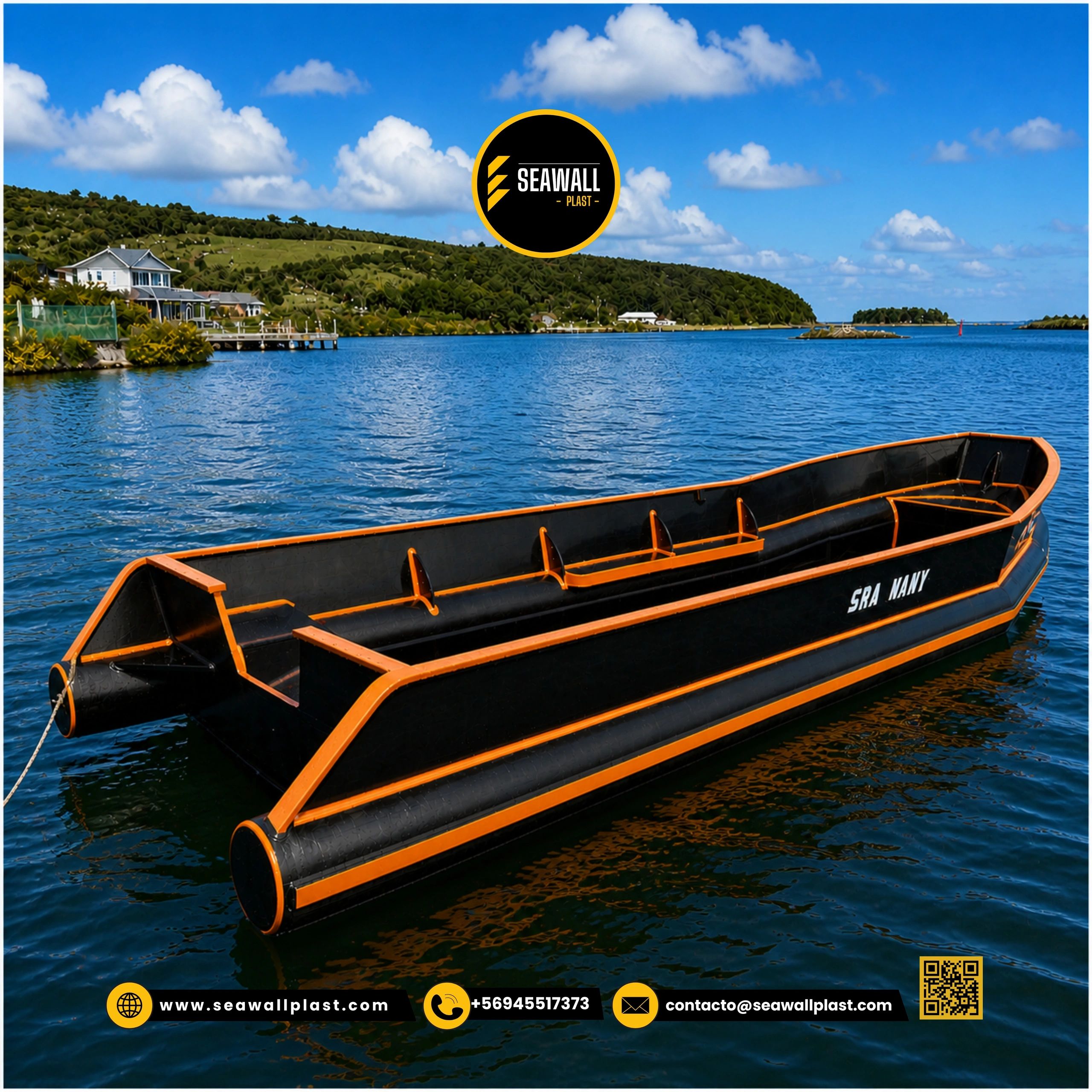 Embarcación HDPE Modelo 6.4m - Borda negra con líneas naranjas
