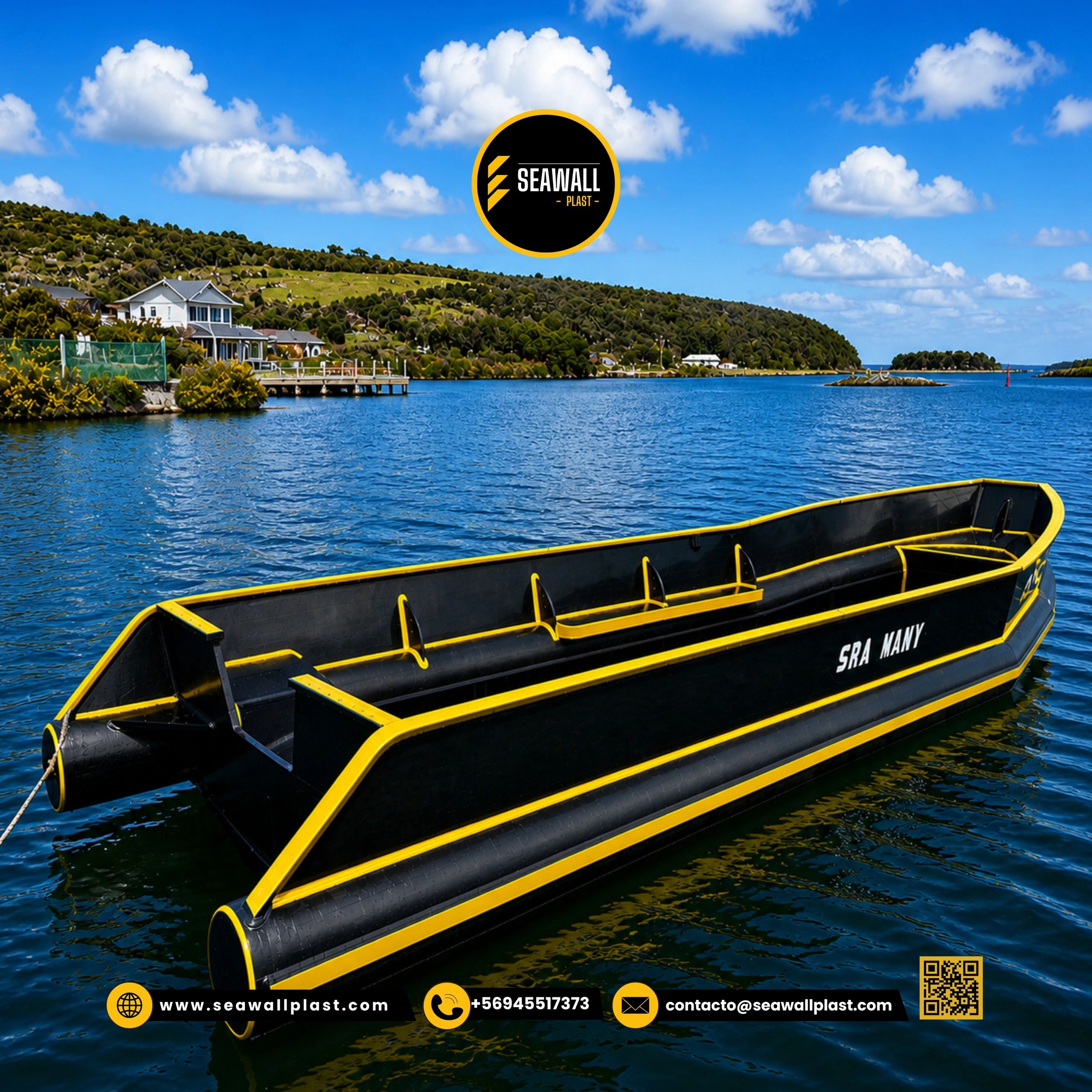 Embarcación HDPE Modelo 5.3m - Borda negra con líneas amarillas