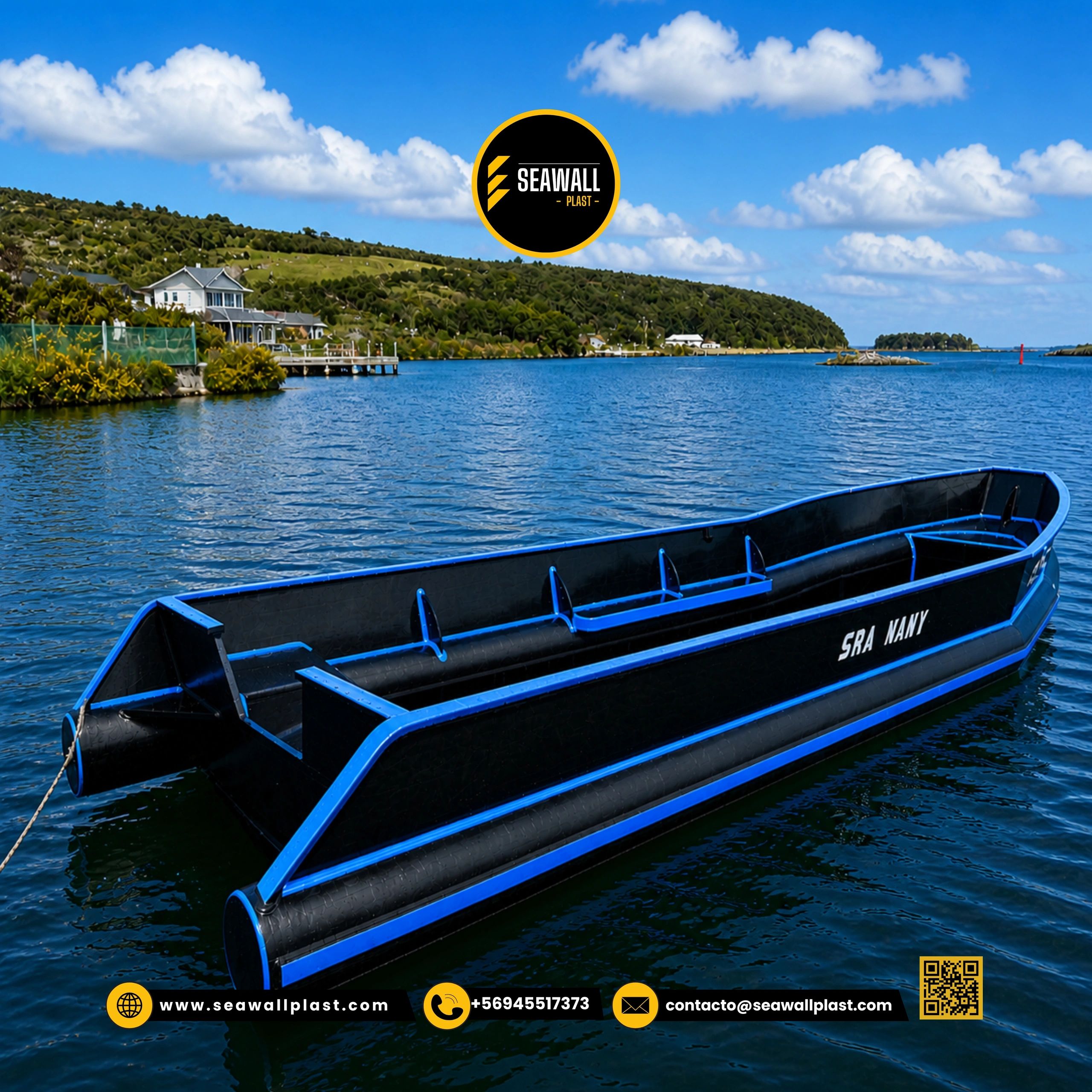 Embarcación HDPE Modelo 5.3m - Borda negra con líneas azules