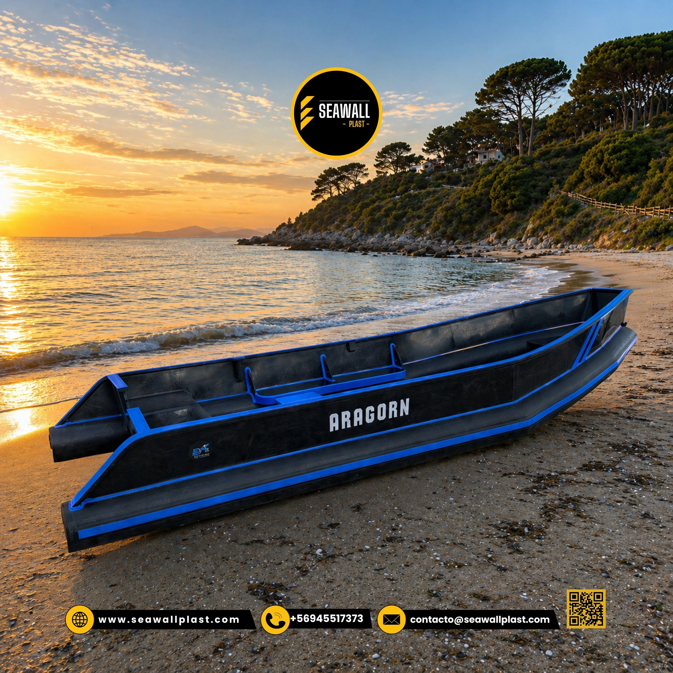 Embarcación HDPE Modelo 3.6m - Borda negra con líneas azules