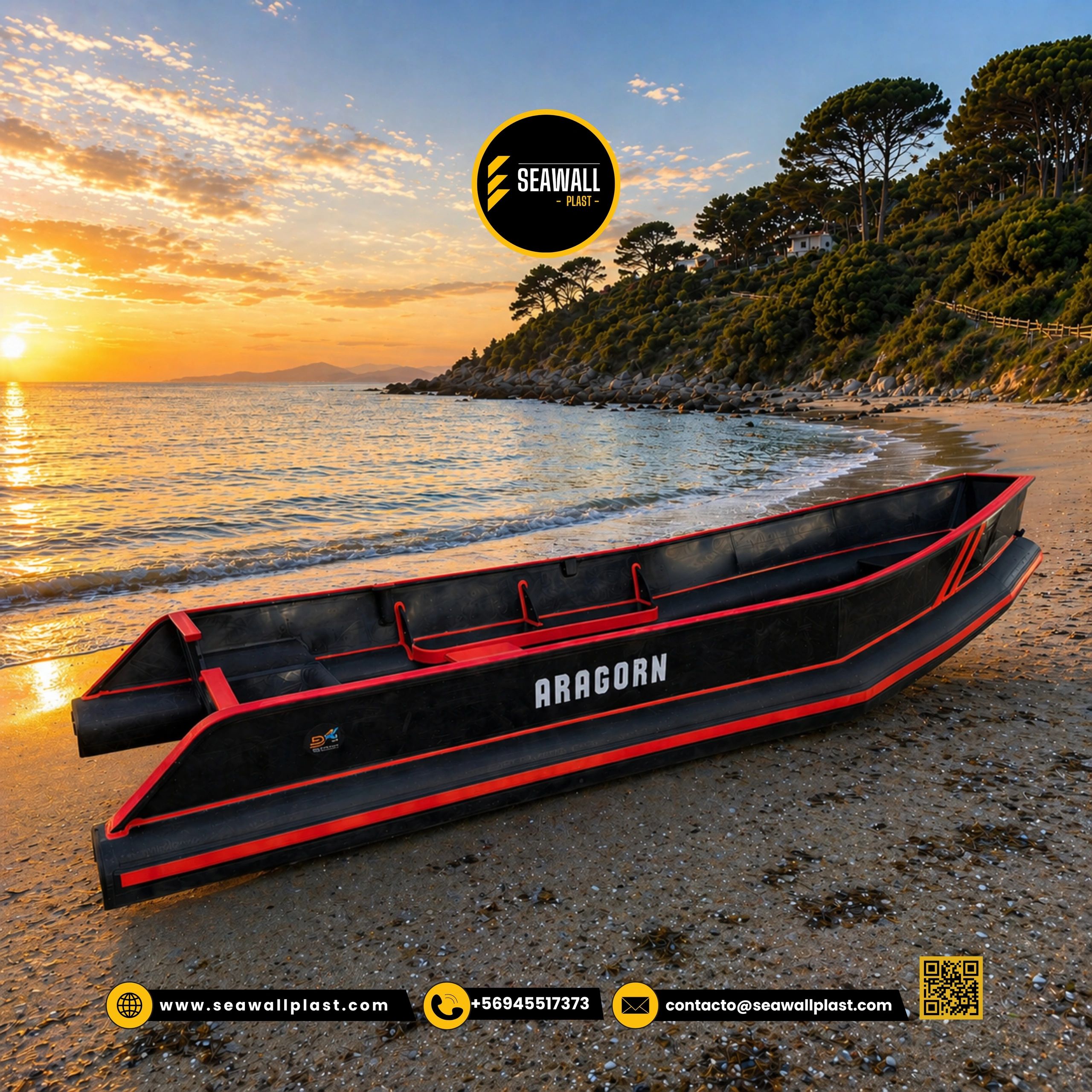 Embarcación HDPE Modelo 3.6m - Borda Negra con líneas de color