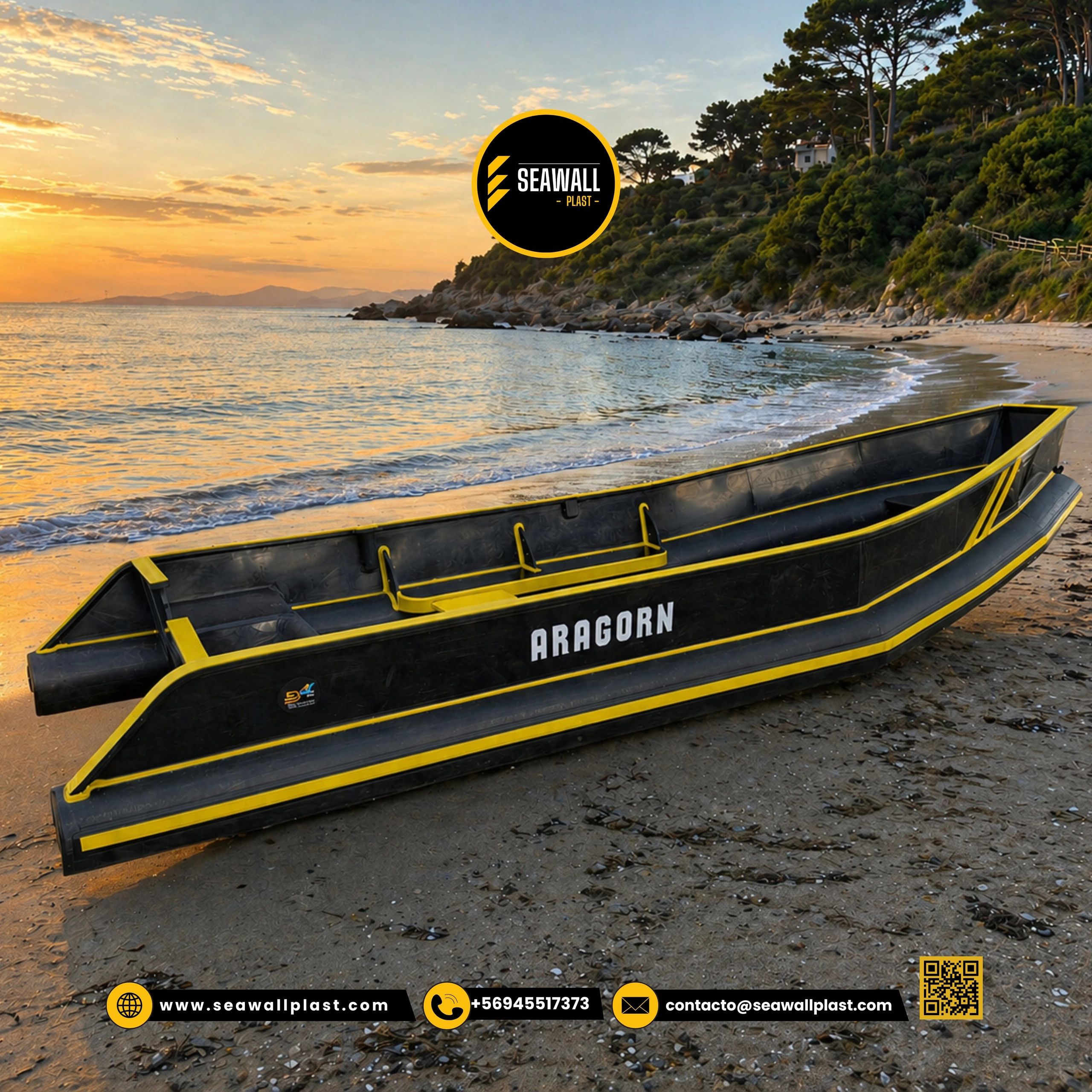 Embarcación HDPE Modelo 3.6m - Borda negra con líneas amarillas