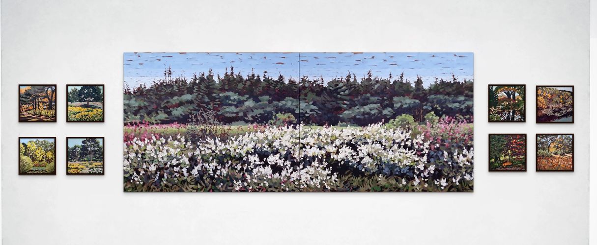 8 -12 in sq. paintings of the parks & a 48"x120" painting of roadside flowers by Laurie De Camillis
