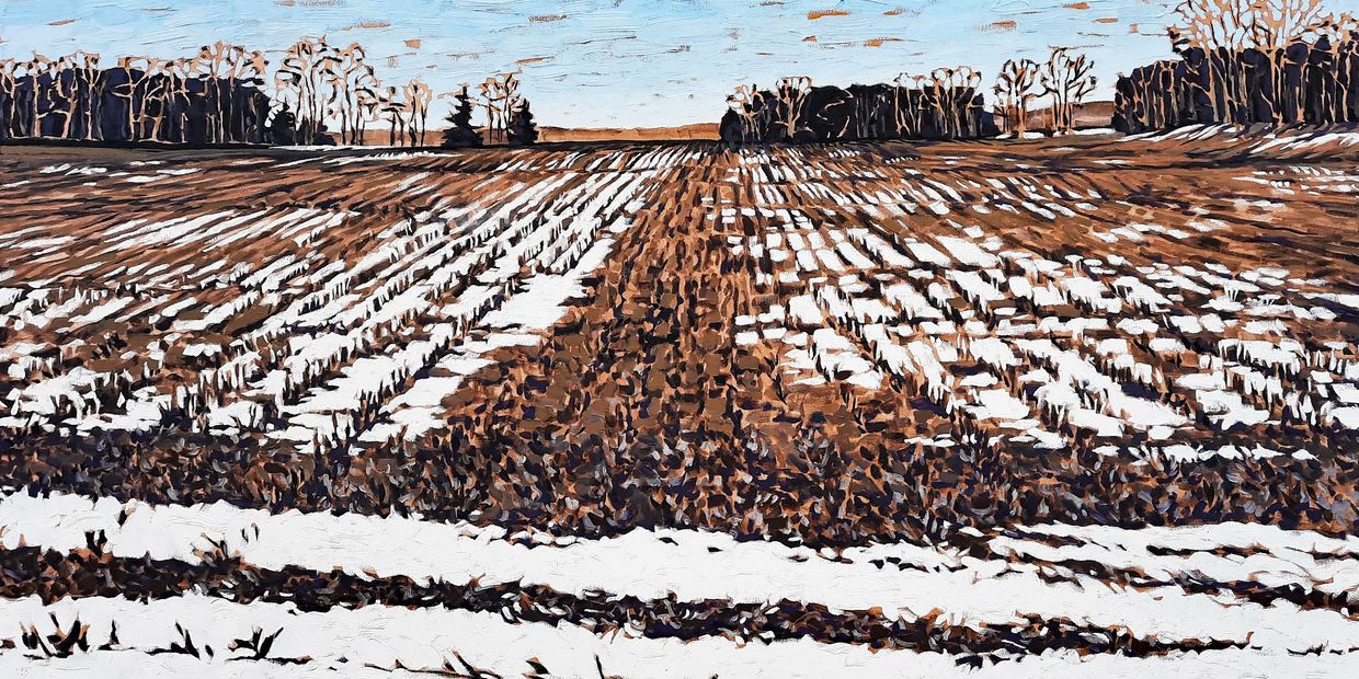 oil painting by Laurie De Camillis of a furrowed field in winter with the residue of snow still pool