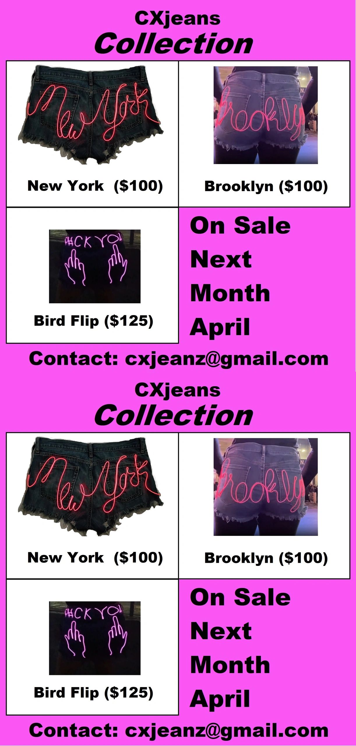 CXjeans collection featuring New York, Brooklyn, and Bird Flip shorts with neon designs.