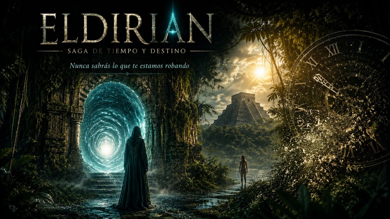 Portal místico en un bosque con pirámide y reloj antiguo.