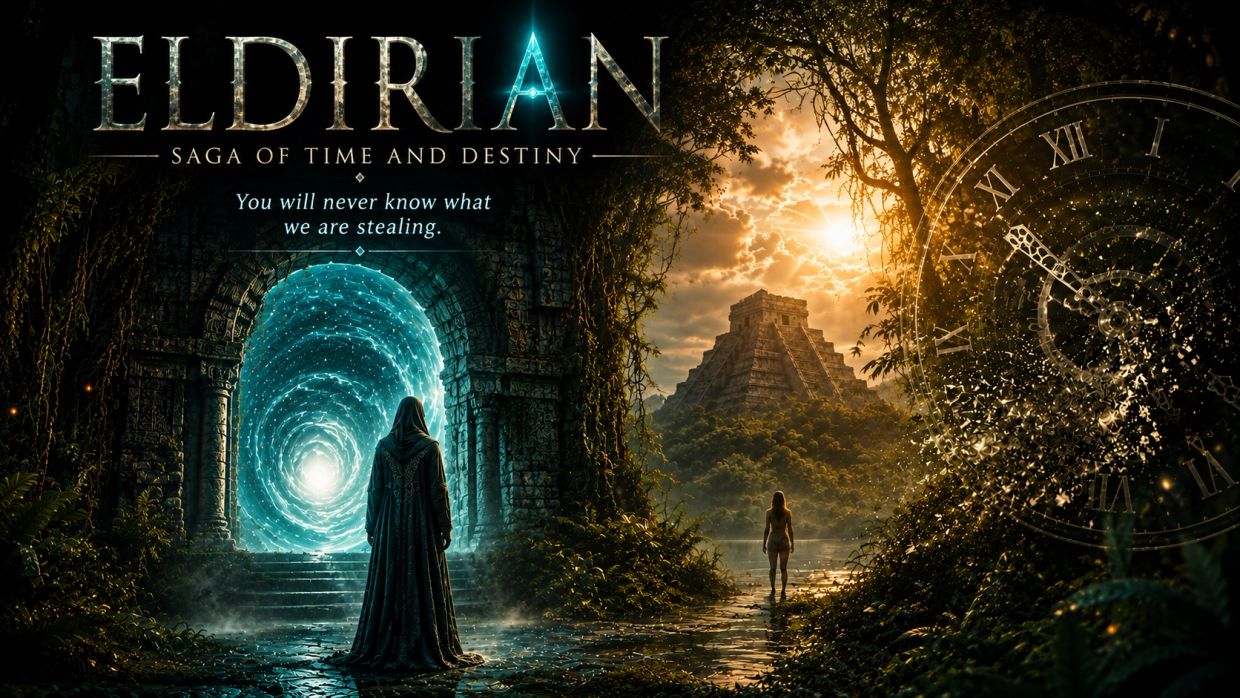 Eldrian game cover with mystical portal and ancient temple.