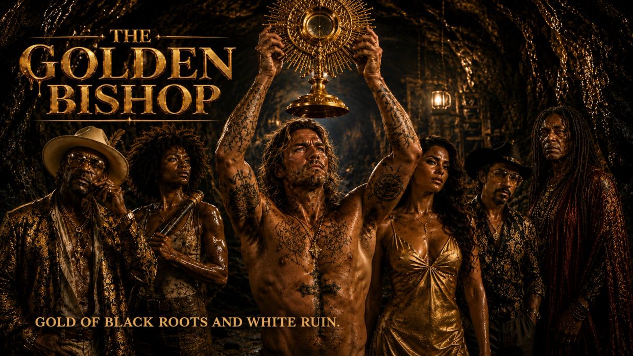Cartel de la película The Golden Bishop con personajes bañados en oro.