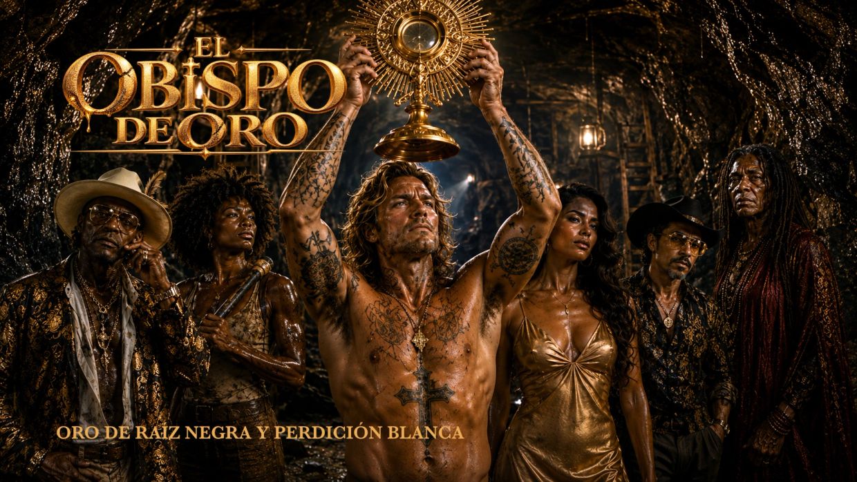 Cartel de "El Obispo de Oro" con personajes tatuados y ambiente oscuro.