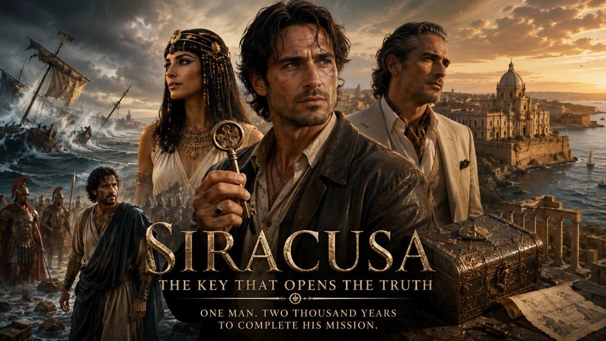 Cartel promocional de Siracusa en un entorno histórico lleno de aventuras.