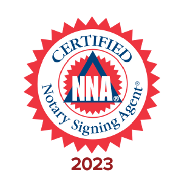A badge showing we are certified and trained as notary signing agents for 2023.