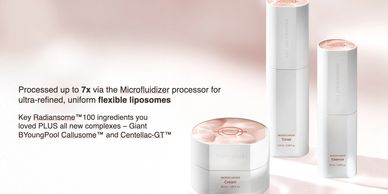 Luxury skincare products with Microfluidizer technology for refined liposomes.