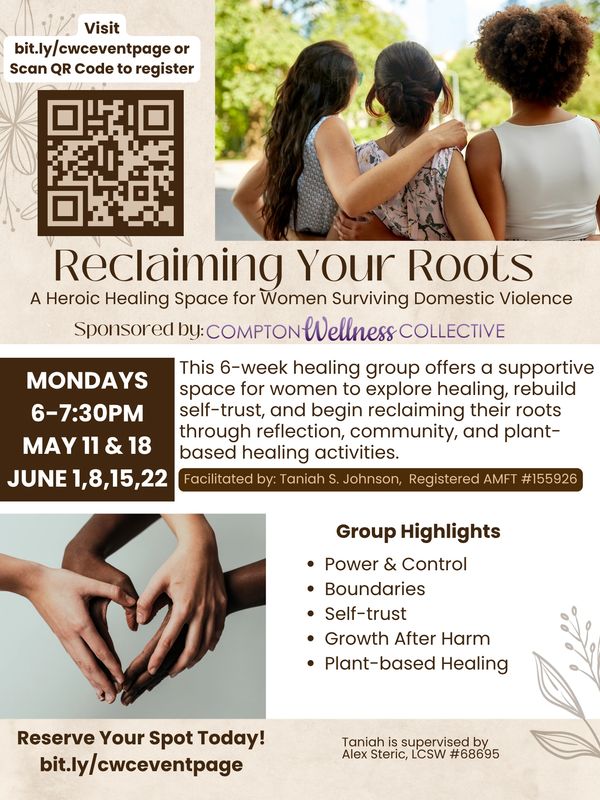 Healing group for women survivors of domestic violence, focusing on reclaiming roots and self-trust.