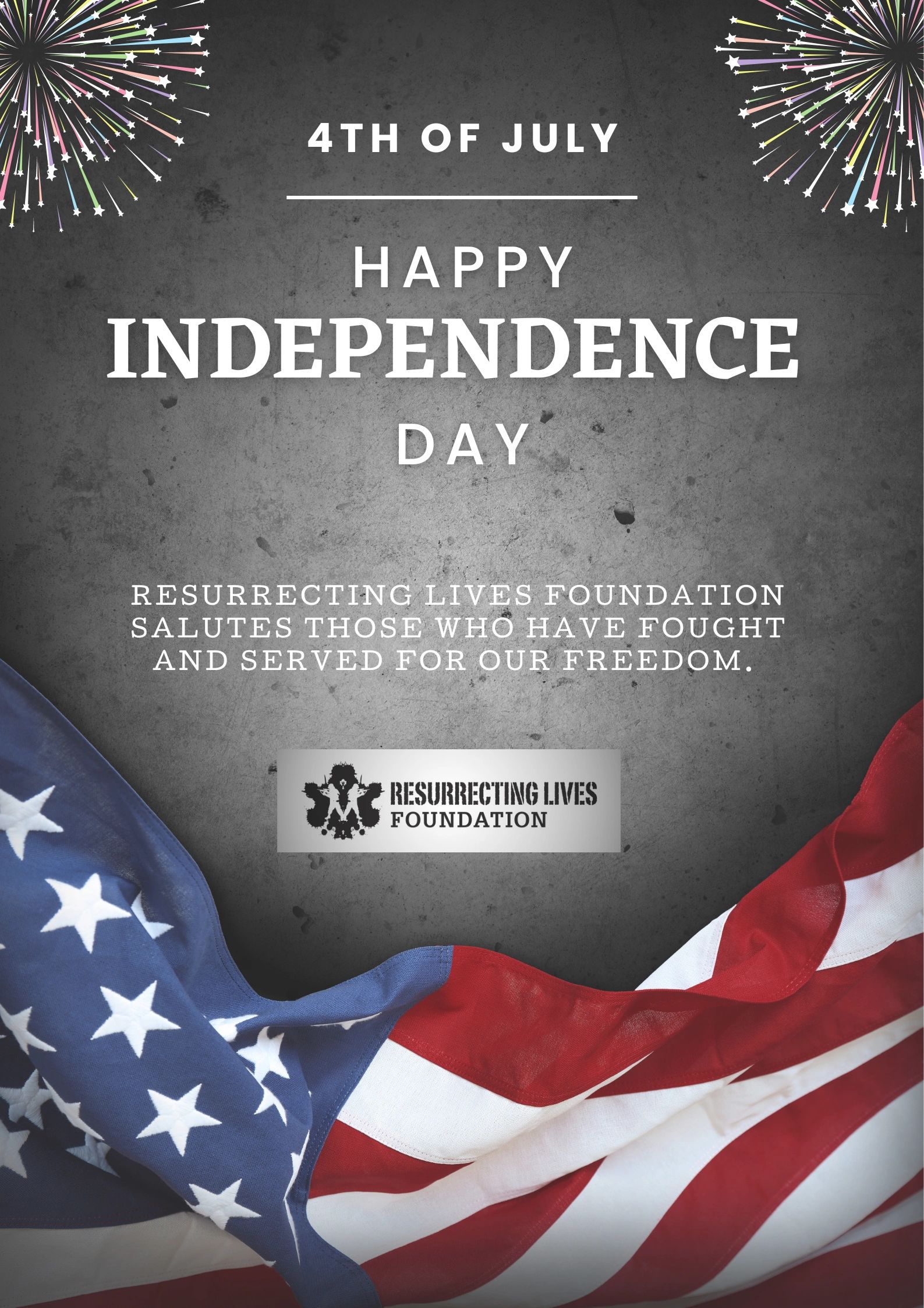 4th of July Independence Day greeting with American flag and fireworks.